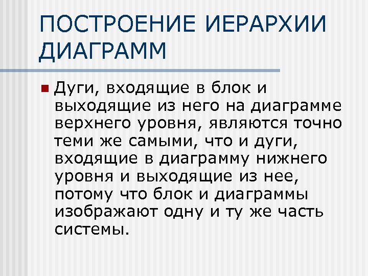 ПОСТРОЕНИЕ ИЕРАРХИИ ДИАГРАММ n Дуги, входящие в блок и выходящие из него на диаграмме