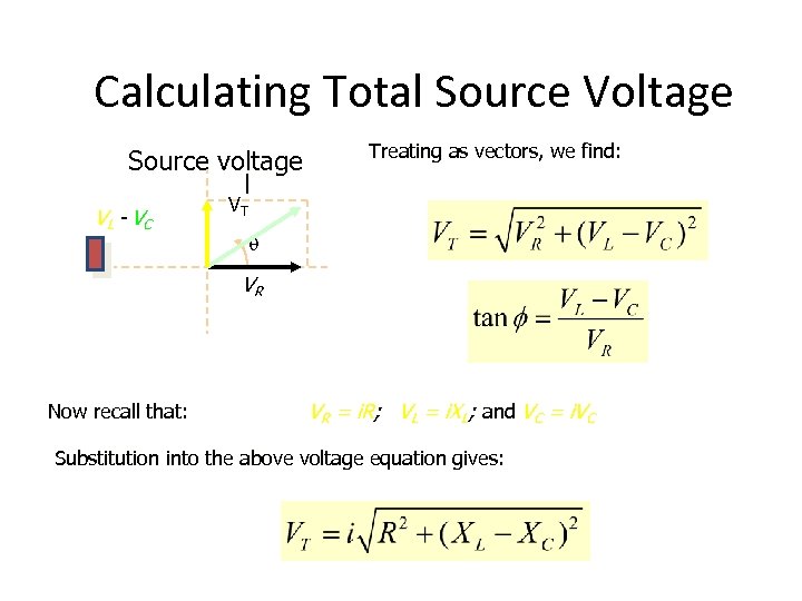 Calculating Total Source Voltage Source voltage VL - VC Treating as vectors, we find: