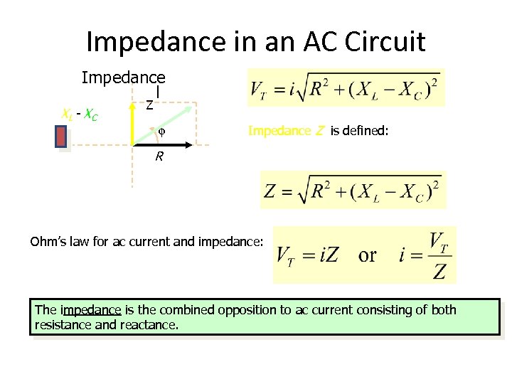 Impedance in an AC Circuit Impedance XL - XC Z f Impedance Z is