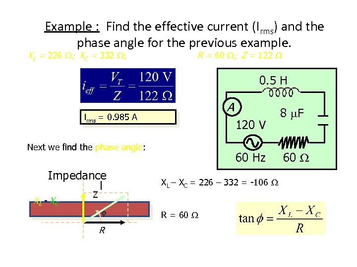 Example : Find the effective current (Irms) and the phase angle for the previous