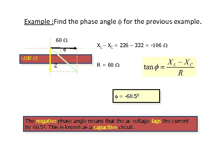 Example : Find the phase angle f for the previous example. 60 XL –