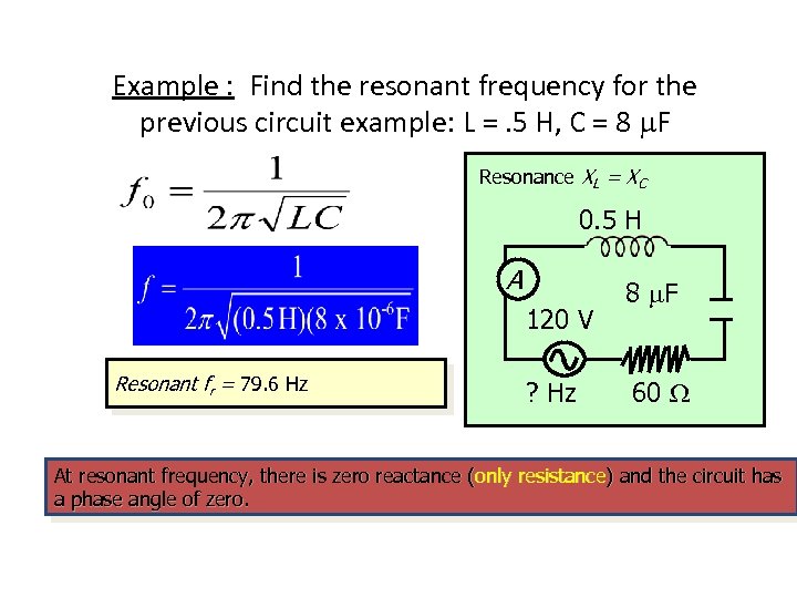 Example : Find the resonant frequency for the previous circuit example: L =. 5