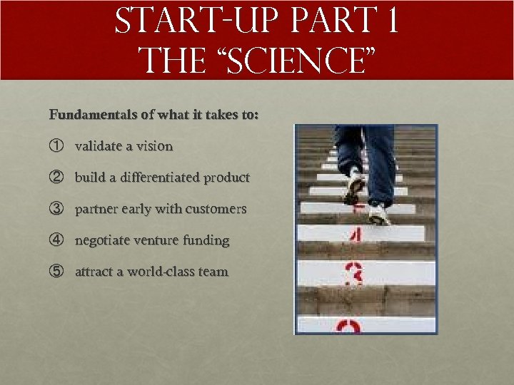 Start-up Part 1 The “Science” Fundamentals of what it takes to: ① validate a