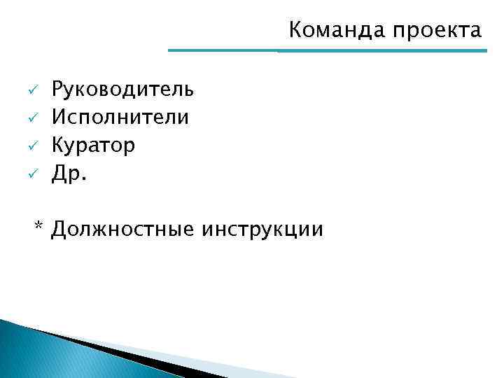 Команда проекта ü ü Руководитель Исполнители Куратор Др. * Должностные инструкции 