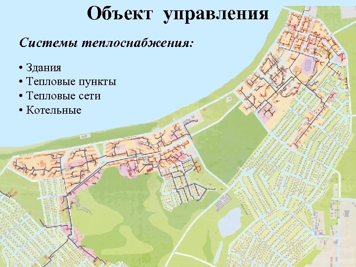 Объект управления Системы теплоснабжения: • Здания • Тепловые пункты • Тепловые сети • Котельные
