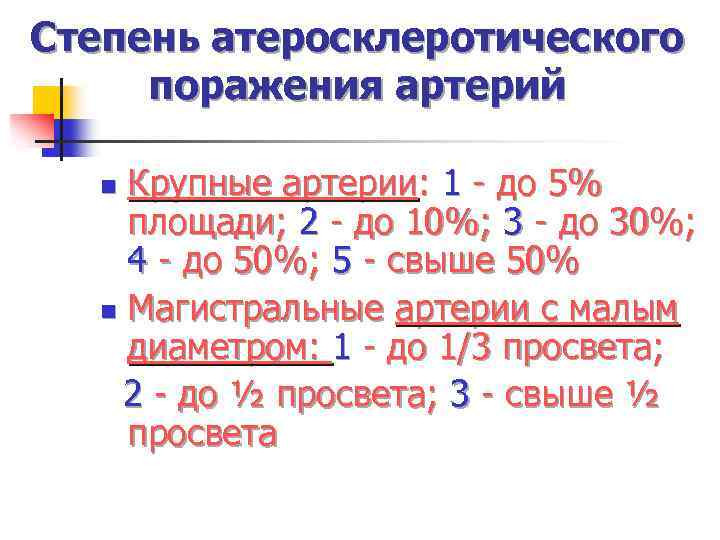 Степень атеросклеротического поражения артерий Крупные артерии: 1 - до 5% площади; 2 - до