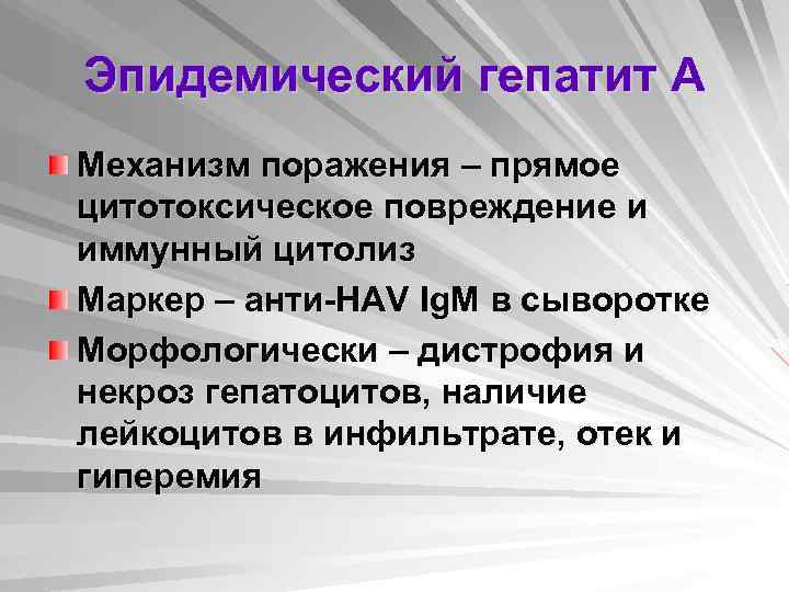 Эпидемический гепатит А Механизм поражения – прямое цитотоксическое повреждение и иммунный цитолиз Маркер –