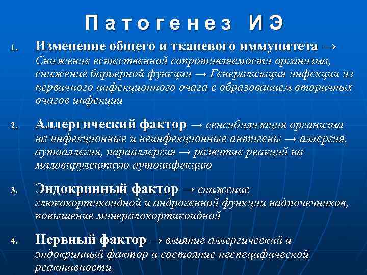 Патогенез ИЭ 1. Изменение общего и тканевого иммунитета → Снижение естественной сопротивляемости организма, снижение