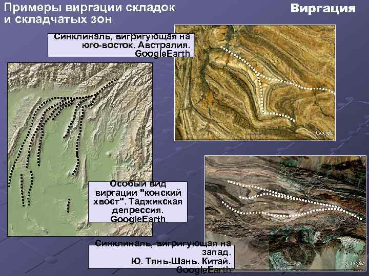 Примеры виргации складок и складчатых зон Синклиналь, вигригующая на юго-восток. Австралия. Google. Earth Особый