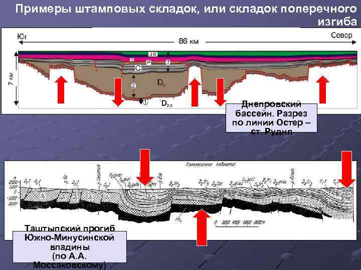 Примеры штамповых складок, или складок поперечного изгиба Днепровский бассейн. Разрез по линии Остер –
