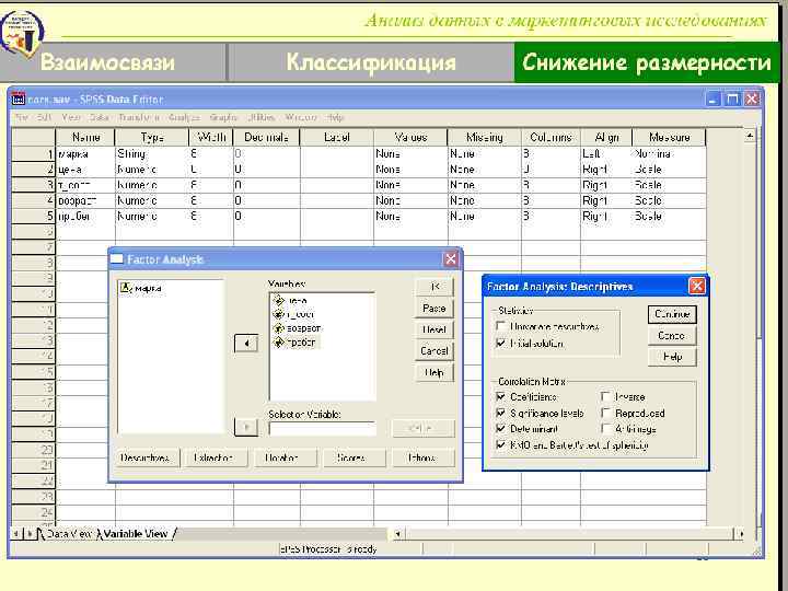 Анализ данных в маркетинговых исследованиях Взаимосвязи Классификация Снижение размерности 