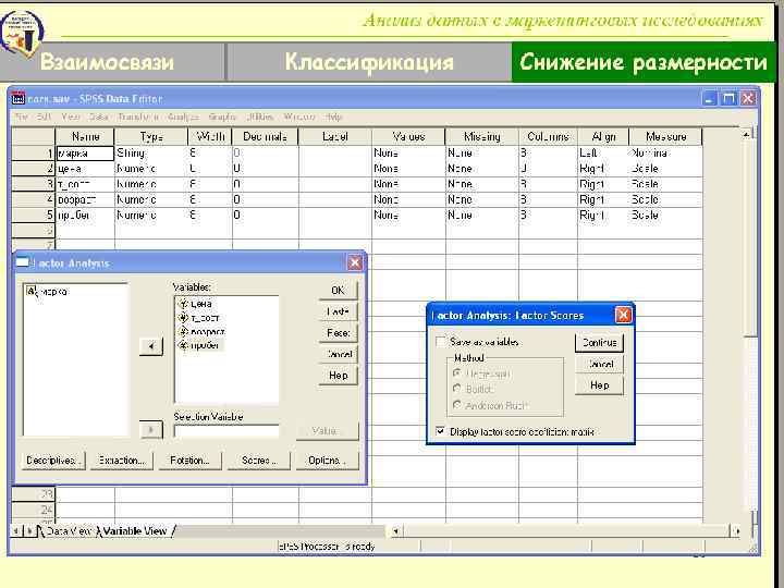 Анализ данных в маркетинговых исследованиях Взаимосвязи Классификация Снижение размерности 