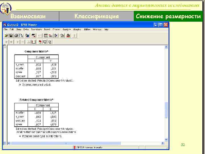 Анализ данных в маркетинговых исследованиях Взаимосвязи Классификация Снижение размерности 