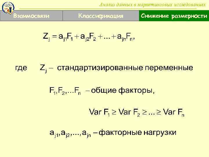 Анализ данных в маркетинговых исследованиях Взаимосвязи Классификация Снижение размерности 