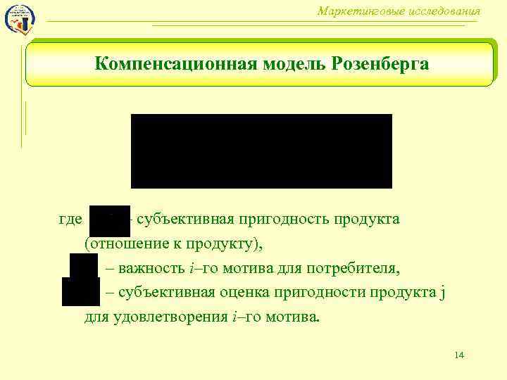 Маркетинговые исследования Компенсационная модель Розенберга где – субъективная пригодность продукта (отношение к продукту), –