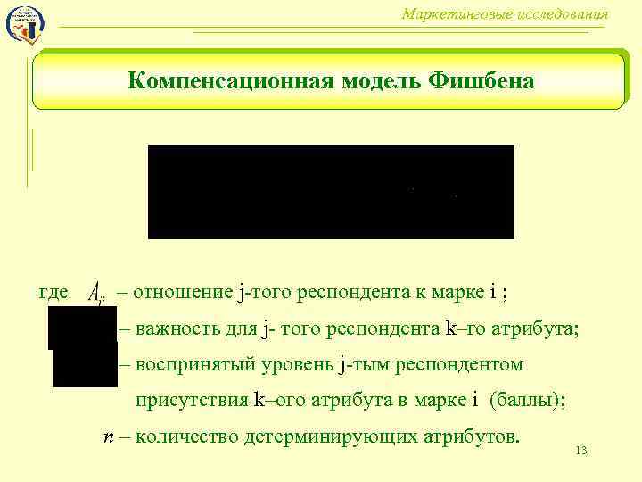 Маркетинговые исследования Компенсационная модель Фишбена где – отношение j-того респондента к марке i ;
