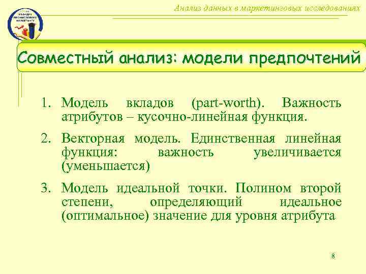 Анализ данных в маркетинговых исследованиях Совместный анализ: модели предпочтений 1. Модель вкладов (part-worth). Важность