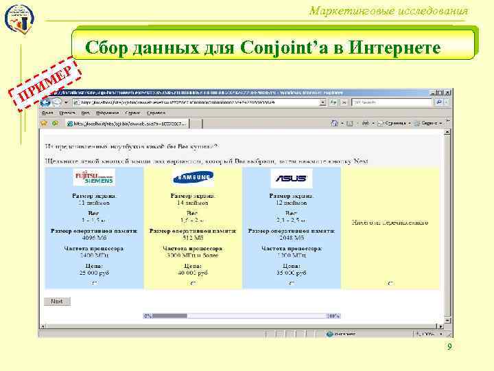 Маркетинговые исследования Сбор данных для Conjoint’а в Интернете ЕР М РИ П 9 