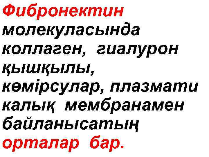 Фибронектин молекуласында коллаген, гиалурон қышқылы, көмipcyлap, плазмати калық мембранамен байланысатың орталар бар. 