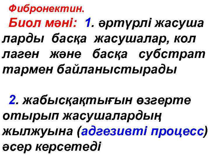 Фибронектин. Биол мәні: 1. әртүрлі жасуша ларды басқа жасушалар, кол лаген және басқа субстрат