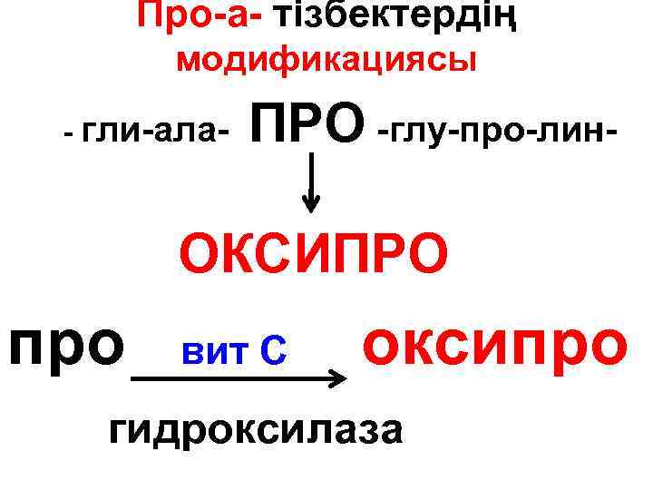 Про-а- тізбектердің модификациясы - гли-ала- ПРО -глу-про-лин- ОКСИПРО про вит С оксипро гидроксилаза 