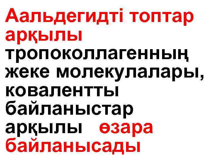 Аальдегидті топтар арқылы тропоколлагенның жеке молекулалары, ковалентты байланыстар арқылы өзара байланысады 