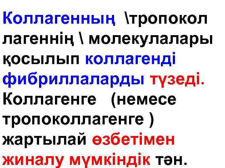 Коллагенның тропокол лагеннің  молекулалары қосылып коллагенді фибриллаларды түзеді. Коллагенге (немесе тропоколлагенге ) жартылай