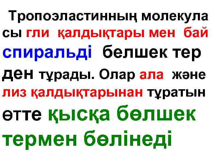 Тропоэластинның молекула сы гли қалдықтары мен бай спиральді белшек тер ден тұрады. Олар ала