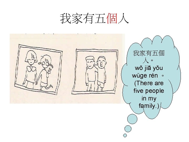 我家有五個人 我家有五個 人。 wǒ jiā yǒu wŭge rén 。 (There are five people in