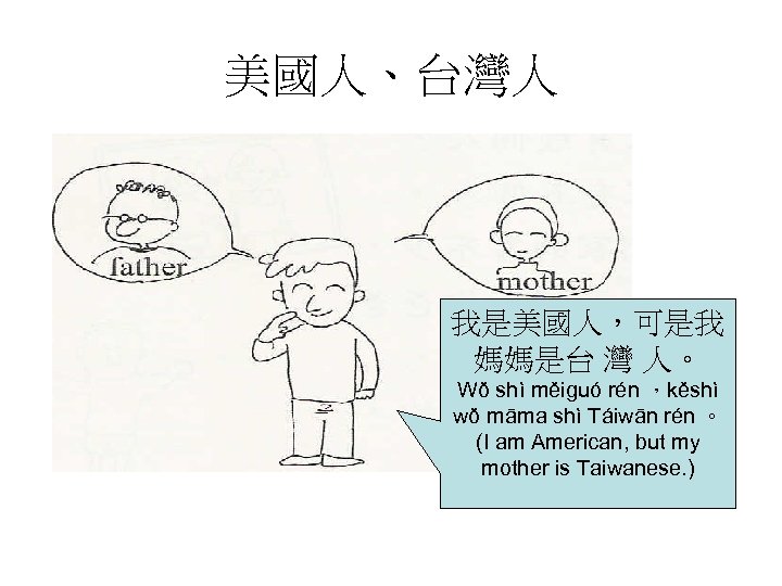 美國人、台灣人 我是美國人，可是我 媽媽是台 灣 人。 Wǒ shì měiguó rén ，kěshì wǒ māma shì Táiwān