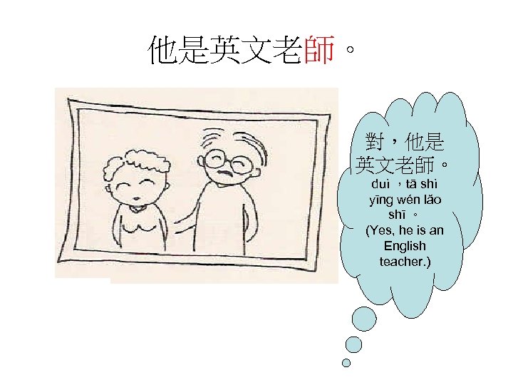 他是英文老師。 對，他是 英文老師。 duì ，tā shì yīng wén lăo shī 。 (Yes, he is