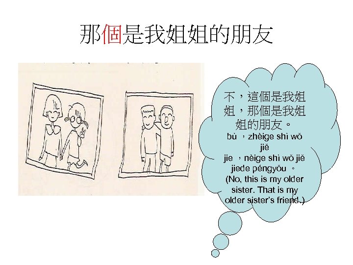 那個是我姐姐的朋友 不，這個是我姐 姐，那個是我姐 姐的朋友。 bù ，zhèige shì wǒ jiě jie ，nèige shì wǒ jiě