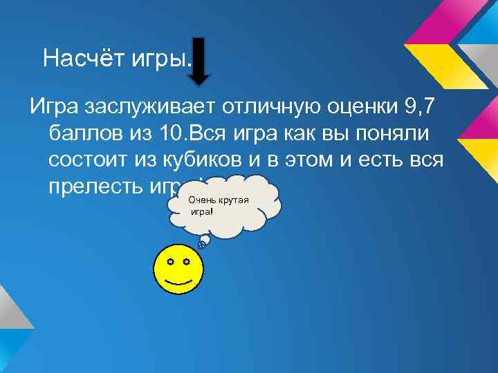 Насчёт игры. Игра заслуживает отличную оценки 9, 7 баллов из 10. Вся игра как