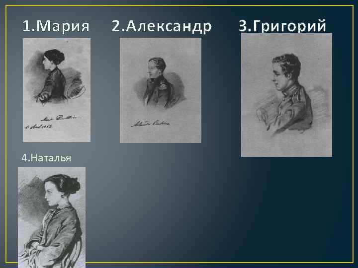 1. Мария 4. Наталья 2. Александр 3. Григорий 