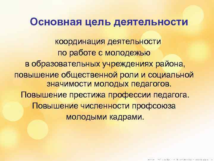 Основная цель деятельности координация деятельности по работе с молодежью в образовательных учреждениях района, повышение