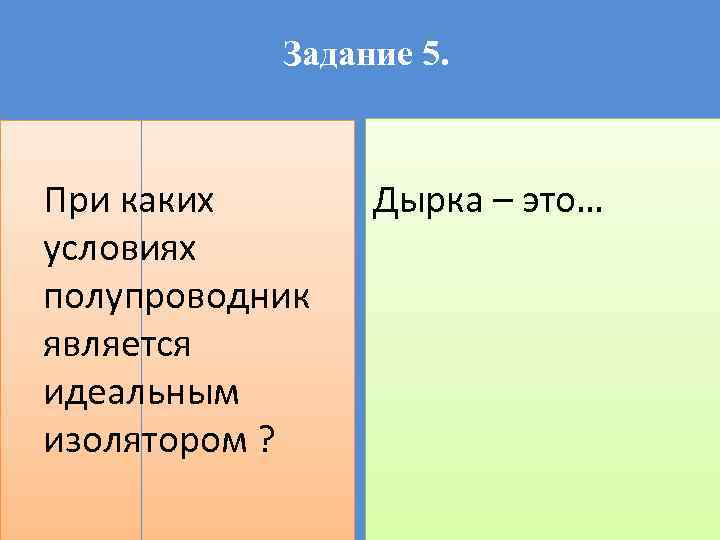 Задание 5. При каких условиях полупроводник является идеальным изолятором ? Дырка – это… 