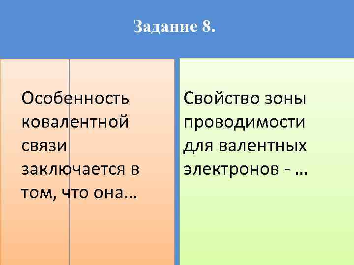 Задание 8. Особенность ковалентной связи заключается в том, что она… Свойство зоны проводимости для