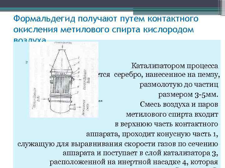 Формальдегид получают путем контактного окисления метилового спирта кислородом воздуха Катализатором процесса является серебро, нанесенное