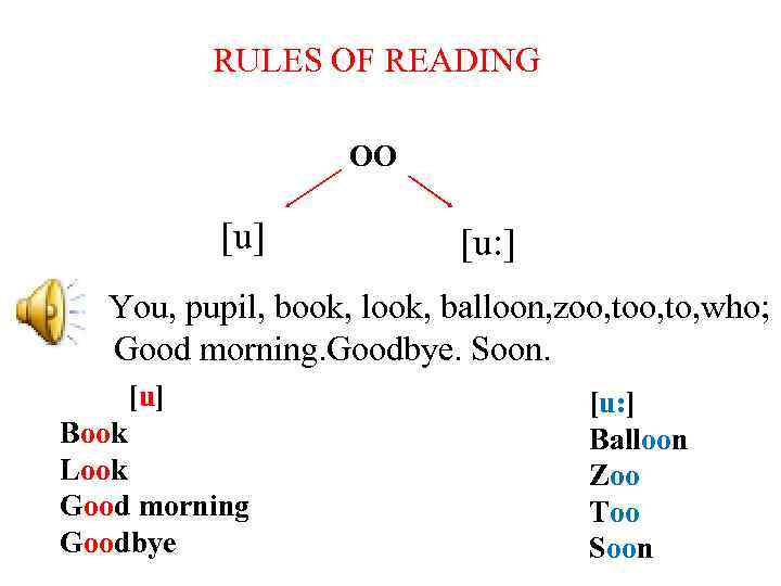 RULES OF READING OO [u] [u: ] You, pupil, book, look, balloon, zoo, to,