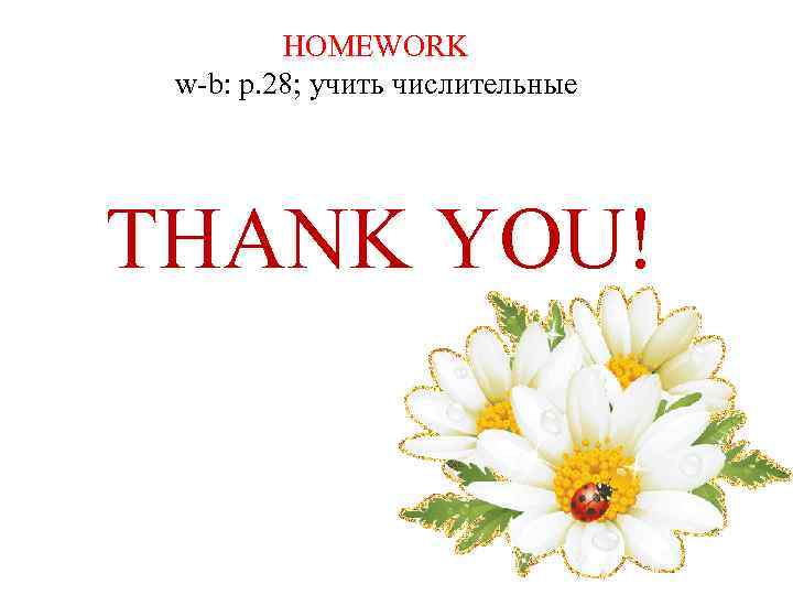 HOMEWORK w-b: p. 28; учить числительные THANK YOU! 