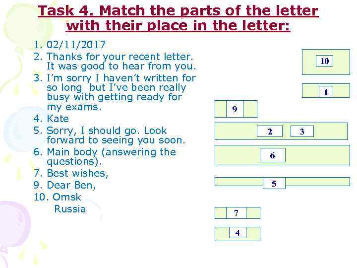 Task 4. Match the parts of the letter with their place in the letter: