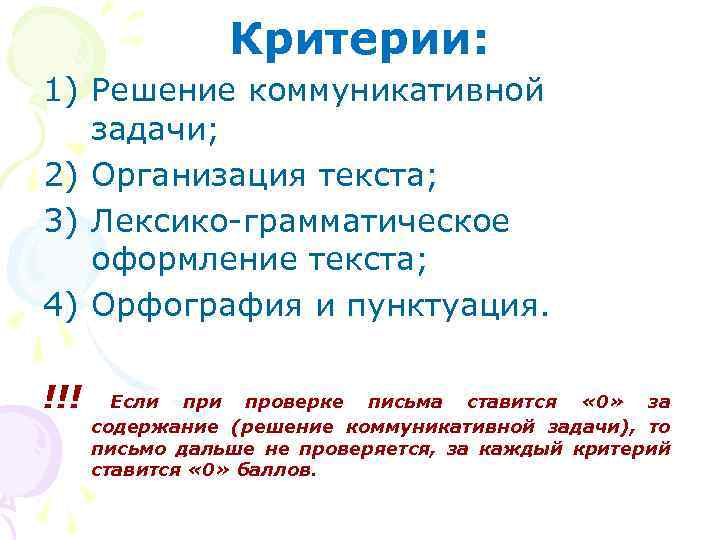 Критерии: 1) Решение коммуникативной задачи; 2) Организация текста; 3) Лексико-грамматическое оформление текста; 4) Орфография