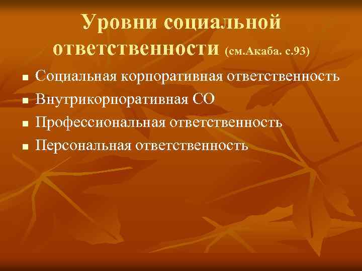 Уровни социальной ответственности (см. Акаба. с. 93) n n Социальная корпоративная ответственность Внутрикорпоративная СО