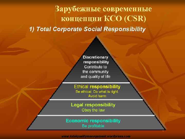 Зарубежные современные концепции КСО (CSR) 1) Total Corporate Social Responsibility 