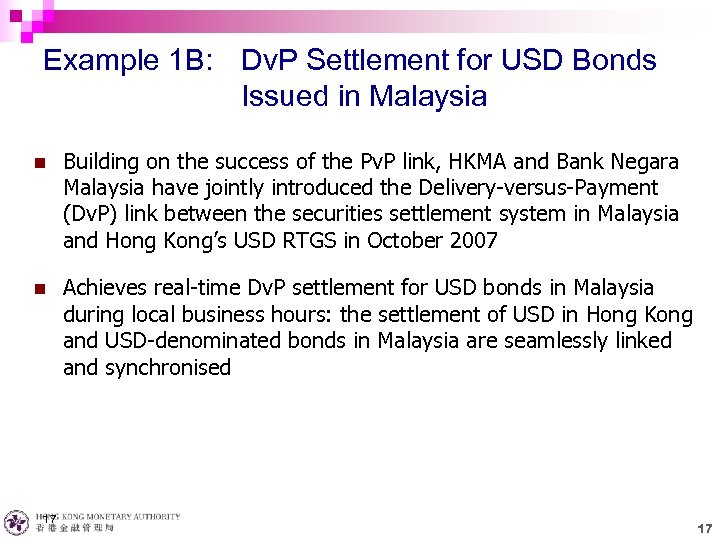 Example 1 B: Dv. P Settlement for USD Bonds Issued in Malaysia n Building