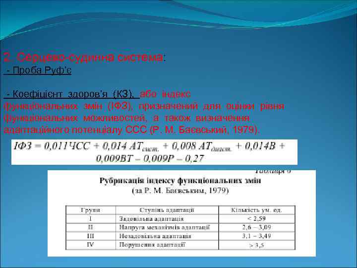 2. Серцево судинна система: Проба Руф’є Коефіцієнт здоров’я (КЗ), або індекс функціональних змін (ІФЗ),