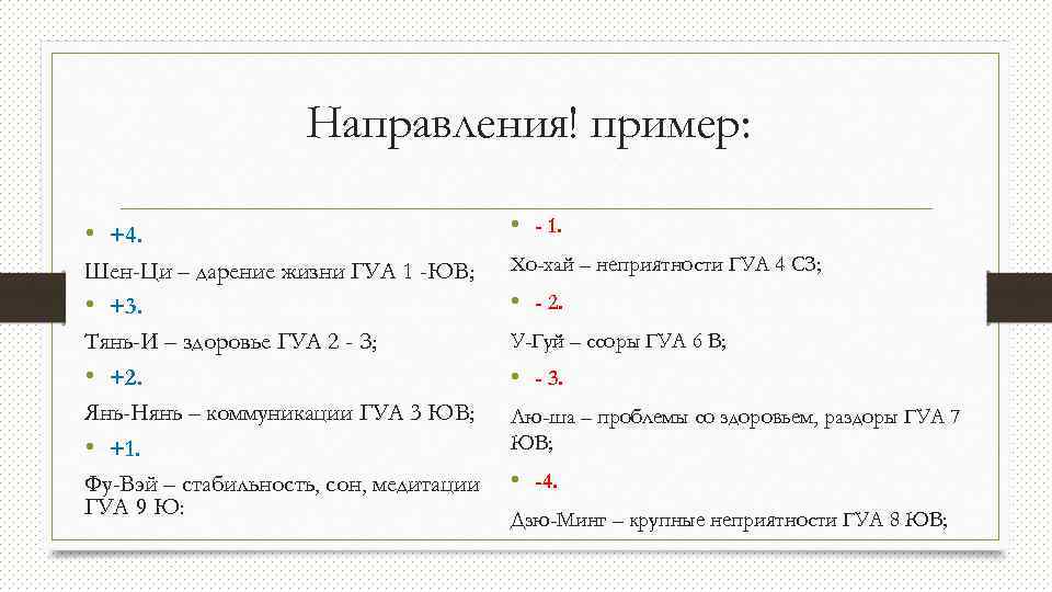 Направления! пример: • +4. • - 1. Шен-Ци – дарение жизни ГУА 1 -ЮВ;