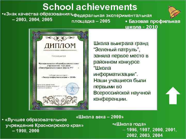 School achievements • «Знак качества образования» • Федеральная экспериментальная – 2003, 2004, 2005 площадка