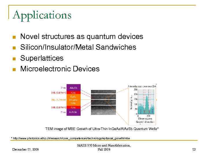 Applications n n Novel structures as quantum devices Silicon/Insulator/Metal Sandwiches Superlattices Microelectronic Devices TEM