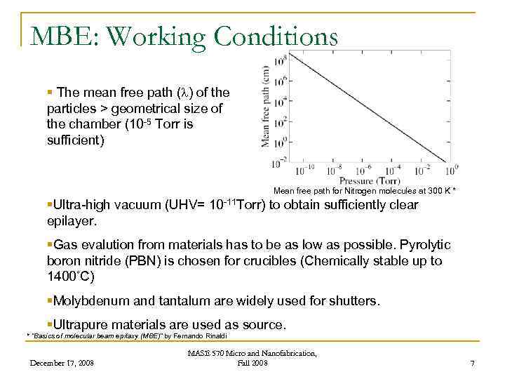 MBE: Working Conditions § The mean free path (l) of the particles > geometrical